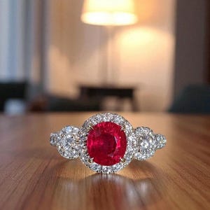 Pierścionek zaręczynowy z trzema kamieniami w szlifie okrągłym z rubinem i diamentami, obrączka ślubna z 14-karatowego białego złota z rubinem, biżuteria ślubna, pierścionek rocznicowy dla kobiet