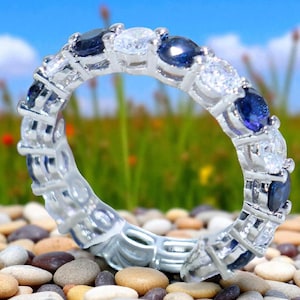 Blue Sapphire and Diamond Eternity Ring, 14K White Gold Band, Alternating Gemstone Wedding Band, Birthstone Ring, Stackable Anniversary Ring