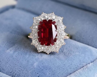 Oval Cut Ruby Diamond Halo Ring, 14k Gold Silver Ruby Engagement Ring, Vintage Inspired Ruby Cocktail Ring, Anniversary Ring, Statement Ring