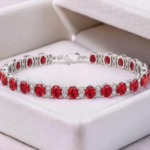6x4 mm Oval Ruby and Diamond Tennis Bracelet, 14k Gold or Silver Bracelet, Ruby with side Diamond Bracelet 7 inch custom Ruby luxury Jewelry