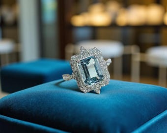 アクアマリン エメラルドカット リング エメラルドカットアクアマリンリング：14Kホワイトゴールド