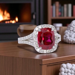 Cushion Cut Ruby Engagement Ring | 14k White Gold Ruby Halo Ring with Diamonds | July Birthstone Wedding Ring | Statement Cocktail Ring