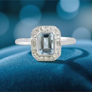 Art Deco style Emerald Cut Aquamarine Halo Ring, Diamond Accents, 14k gold or Silver, Engagement ring, statement or anniversary fine jewelry