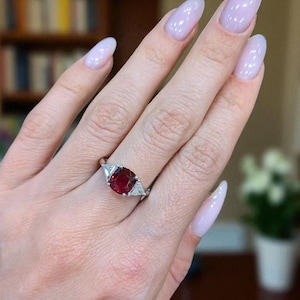 Cushion Cut Ruby and side Diamonds Engagement Ring, 14k White, Yellow Gold or Silver, Three Stone Prong set Ring, Statement fine Jewelry
