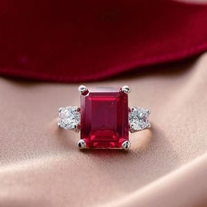Emerald Cut Ruby and Diamond Three Stone Engagement Ring in 14k White Gold, Classic Ruby Anniversary Ring, Statement Ring Fine Jewelry