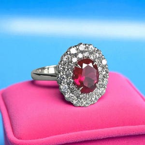 Oval Cut Ruby Engagement Ring with Double Diamond Halo, 14k White, Yellow Gold or Silver Bridal Ring, Vintage Style Ruby and Diamond Ring