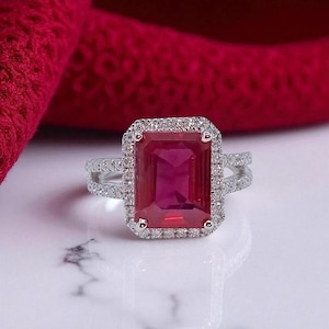 Emerald Cut Ruby and Diamond Halo Ring, 14k White Gold Engagement Ring, Ruby Split Shank Statement Ring, Luxury Cocktail Ring, Bridal Ring