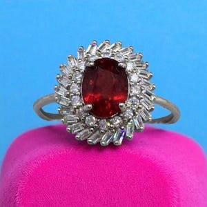 Oval Cut 14k White Gold Ruby & Diamond Baguette Halo Ring, Ruby Engagement Ring, Ruby Bridal Ring, Anniversary Ring, Cocktail Ring Jewelry