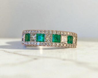 Emerald Diamond Band Ring 14K Gold or Silver, Channel Set Wedding Ring, Emerald Anniversary Ring, Full Eternity Stacking Band, Fine Jewelry