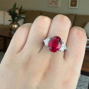 Oval Cut Ruby side Diamonds Three Stone Engagement Ring, 14k White, Yellow Gold or Silver, Statement Bridal Ruby Fine Jewelry, gift for her