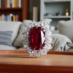 Oval Cut Ruby Diamond Halo Ring, 14k White Gold Ruby Engagement Ring, Vintage Inspired Ruby Cocktail Ring, Anniversary Ring, Statement Ring