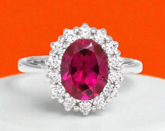 Anillo de compromiso con halo de diamantes y rubí de oro de 14 k de talla ovalada, anillo de rubí rojo, anillo de boda con rubí, anillo de aniversario, anillo de cóctel.