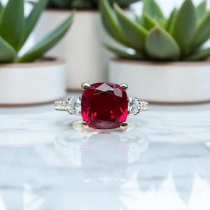 14K White Gold Ruby and Diamond Engagement Ring, Three Stone Statement Ring in silver, white or Yellow Gold, modern Minimilist style Jewelry