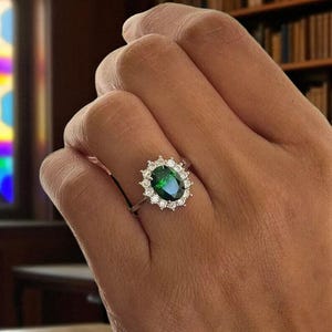 Emerald and Diamond Halo Ring in 14k Solid White Gold, Oval cut Green Emerald Engagement Ring, Vintage Style Fine Jewelry Ring, Gift for Her