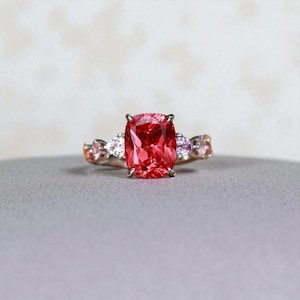 Cushion Cut Ruby Engagement Ring with Diamond Accents in 14k White Gold | Ruby Promise Ring | Unique Fine Bridal Jewelry | Three Stone Ring