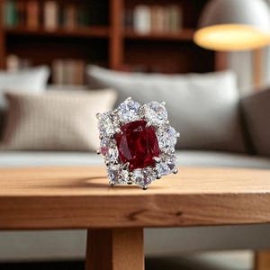 14k White Gold Ruby and Diamond Halo Ring, Emerald Cut Ruby Engagement Ring, Vintage Style Cocktail Ring, Statement Ring Fine Jewelry