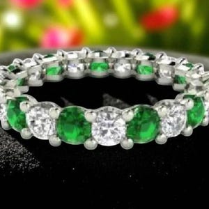 Emerald and Diamond Eternity Band Ring in 14k Solid White Gold – May Birthstone Anniversary Ring, Stacking Ring, Wedding Band for Women