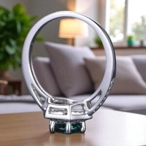 May include: A silver ring featuring a square, emerald-cut green gemstone. The ring band is embellished with small, clear stones. The ring is set on a wooden surface, with a blurred living room background.