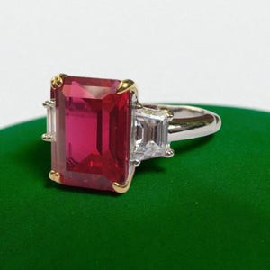 Emerald Cut Ruby Three Stone Ring with Diamonds, 14k Solid White Gold Engagement Cocktail Ring, Unique Ruby Bridal Wedding Ring Fine Jewelry