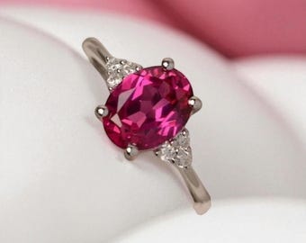 Oval Cut Ruby Engagement Ring with Diamonds, 14k White or Yellow Gold Ruby Ring, Anniversary Ring, Promise Ring, Fine Unique Bridal Jewelry