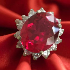 14k White Gold Oval Ruby Ring, Diamond Halo, Vintage Engagement