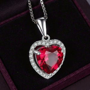 Halo Ruby Heart Pendant Necklace Red Ruby with Diamond Surround In 14k White Gold, Ruby Cocktail Statement Pendant, Luxury Love Jewelry Gift