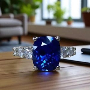 Cushion Cut Blue Sapphire Engagement Ring with Side Diamonds in 14k White Gold, Three Stone Ring, Solid Gold Fine Jewelry, Modern Sapphire