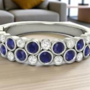Blue Sapphire and Diamond Band in 14k White Gold, Bezel Set Half Eternity Ring, Solid Gold Stackable Ring, Anniversary Wedding Ring Jewelry