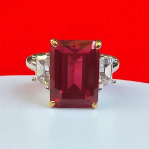 Emerald Cut Ruby Ring with Diamonds, 14K White Gold Three Stone Engagement Ring, Large Stone Ring, Vintage Style Statement Ring Fine Jewelry