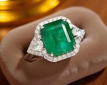Emerald Halo Engagement Ring, 14k Gold Emerald Cut Ring, Diamond Accent, Luxury Statement Ring, Gift for Her, Fine Solid Gold Jewelry