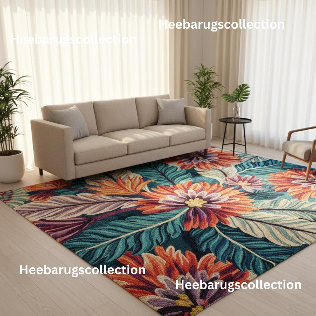 Tropical Floral Hand Tufted Wool Rug – Colorful Botanical Leaf & Flower ...