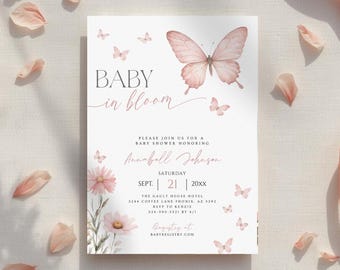 Baby in Bloom Invitation, Butterfly Baby Shower Invitation, Pink Butterflies Wildflower Invite Printable Baby in Bloom Shower