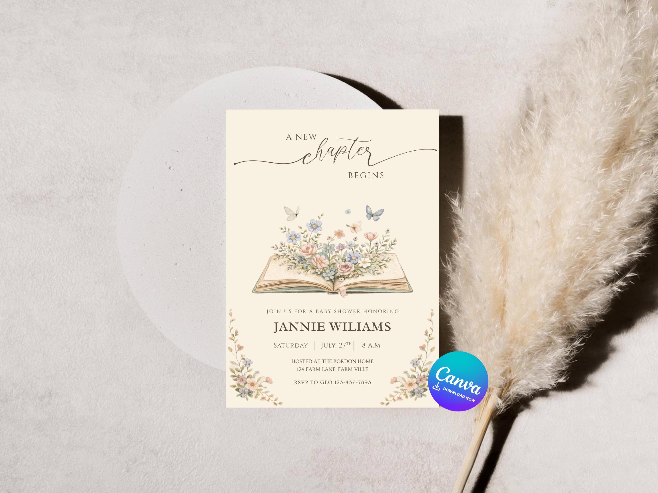 New Chapter Begins Storybook Baby Shower Invitation, Book Theme Baby Shower Decor: Canva Template (Digital Download)