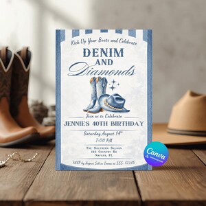 Editable Denim and Diamonds Birthday Invitation, Cowgirl Boots Party Invite: Canva Template (Digital Download)