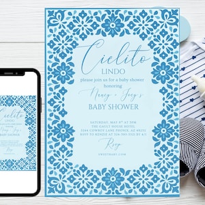 Invito per baby shower Cielito Lindo, invito per baby shower a tema Talavera, modello modificabile