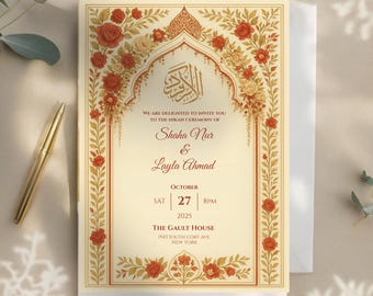 May include: Ivory wedding invitation with floral and arch design. The invitation includes the names Shaha Nur & Layla Ahmad, date, time, and location. A gold pen rests on the surface.