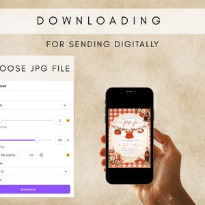 May include: Image showing a smartphone displaying a digital invitation with a red gingham background. The phone is held in a hand, with a download interface visible on the left. Text includes "DOWNLOADING" and "FOR SENDING DIGITALLY".