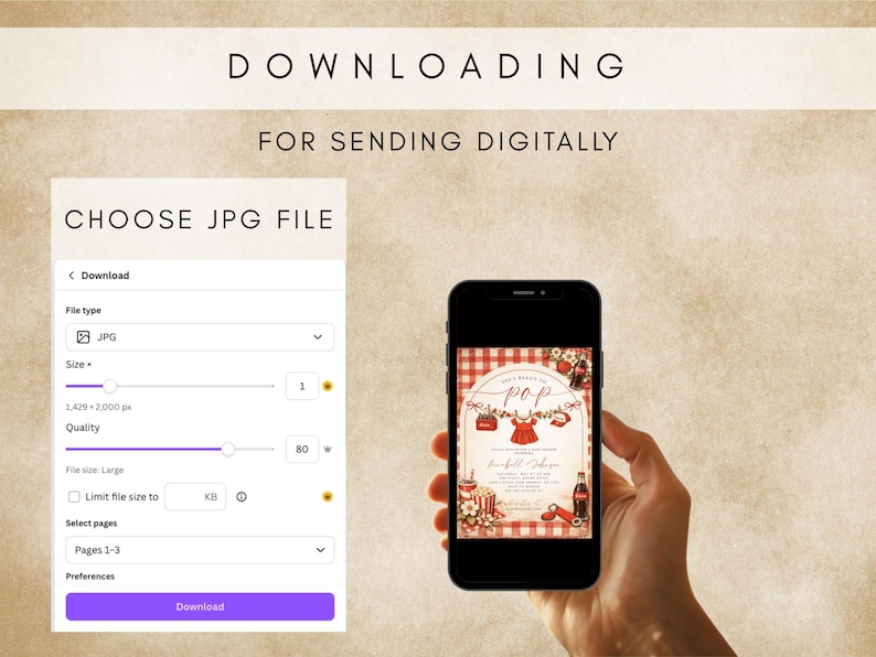 May include: Image showing a smartphone displaying a digital invitation with a red gingham background. The phone is held in a hand, with a download interface visible on the left. Text includes "DOWNLOADING" and "FOR SENDING DIGITALLY".