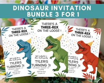 Puede incluir: Lote de invitaciones para una fiesta de cumpleaños con temática de dinosaurios. Cada invitación presenta un dinosaurio de dibujos animados azul, verde y rojo, con un gorro de fiesta. El texto dice "There's a Three-Rex on the Loose!" con detalles de la fiesta.
