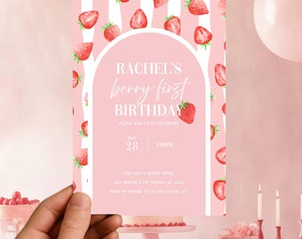 Berry First Birthday Invitation, Editable 1st Birthday Girl Invite, Printable Strawberry First Birthday Girl Invitation Template