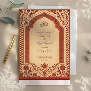 Red & Gold Indian Wedding Invitation  | Luxurious Nikah Printable  | Mehndi, Shaadi Ceremony Card  | Instant Download 5x7