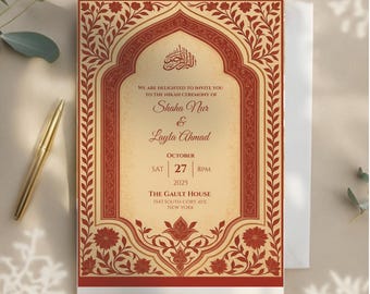 May include: An invitation card with a decorative red and beige design. The card includes the names "Shaha Nur & Layla Ahmad", the date "October 27, 2025", and the time "8PM". The text "The Gault House, New York" is also visible.