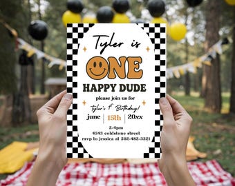 One Happy Dude 1st Geburtstagseinladung: Retro Smiley-Gesicht, bearbeitbare Canva-Vorlage