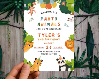 Invitación "Llamada a todos los animales de fiesta", invitación de cumpleaños para niños con animales de fiesta, lindos animales con sombreros de cumpleaños, editable en Canva