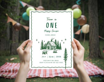Plantilla de invitación digital para el primer cumpleaños de un campista feliz, cumpleaños de camping, campista feliz, invitación de campista feliz, invitación para el primer cumpleaños