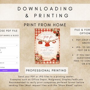 May include: A digital download graphic with instructions for printing a baby shower invitation. The invitation features a red gingham background with a baby dress, popcorn, and soda bottle illustrations. Text includes "She's Ready to Pop".