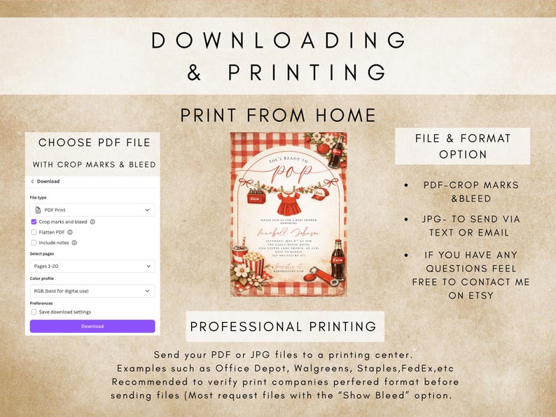 May include: A digital download graphic with instructions for printing a baby shower invitation. The invitation features a red gingham background with a baby dress, popcorn, and soda bottle illustrations. Text includes "She's Ready to Pop".