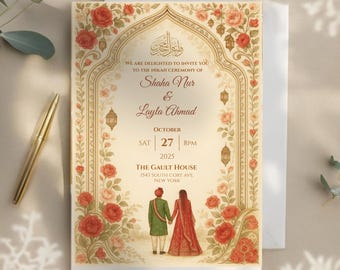 May include: Wedding invitation with floral and architectural design. The invitation includes the names Shaha Nur & Layla Ahmad, date, time, and venue. The design features red and peach roses and a couple in traditional attire.