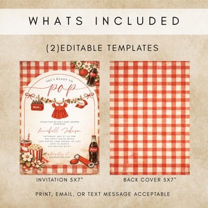 May include: A baby shower invitation design with a red and white gingham pattern. The invitation includes the text "She's Ready to Pop" and details for the event. The back cover also features the gingham pattern. The invitation is 5x7 inches.