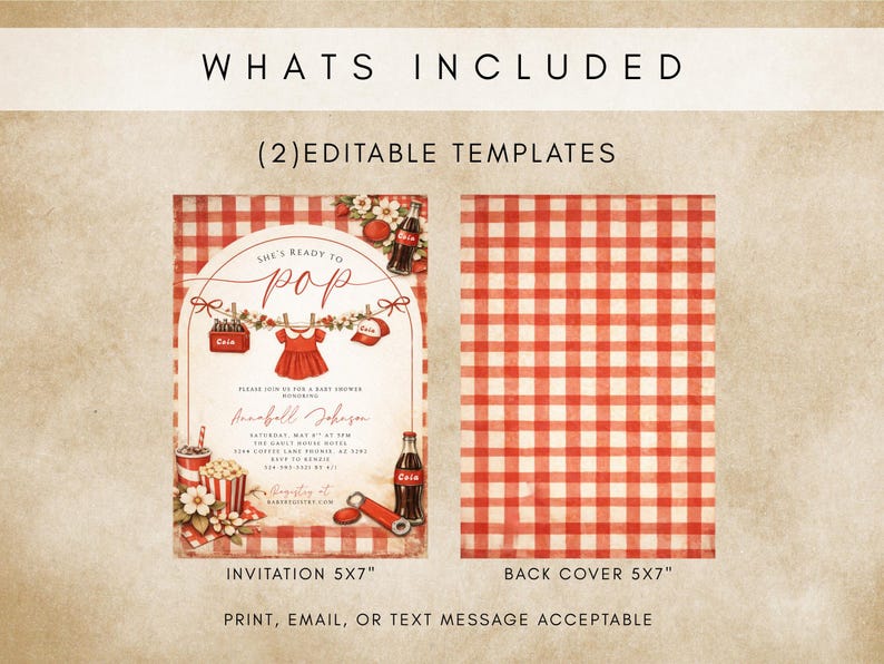 May include: A baby shower invitation design with a red and white gingham pattern. The invitation includes the text "She's Ready to Pop" and details for the event. The back cover also features the gingham pattern. The invitation is 5x7 inches.